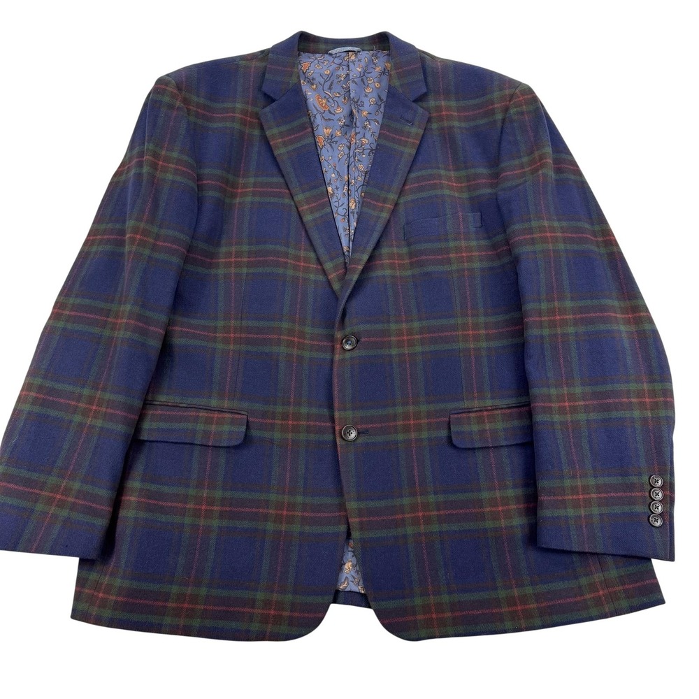 Crown & Ivy Blazer Mens 50R Blue Green Plaid Cotton Stretch Sport Coat Jacket